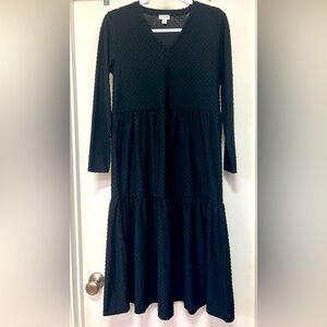 J Crew black, long sleeve, Swiss dot, tiered, v neck dress - size S